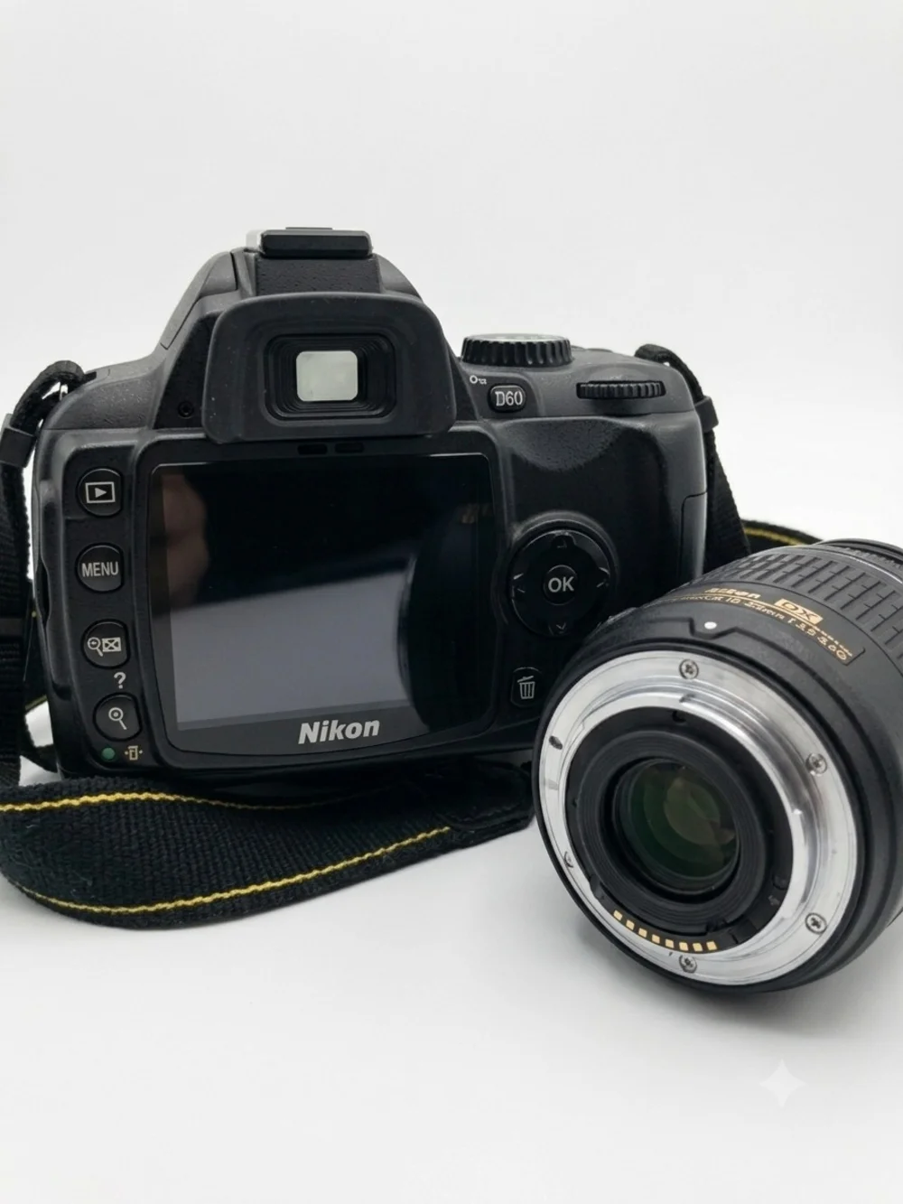 Nikon DSLR Camera Body with Black 18-55mm Lens and Black/Yellow Strap